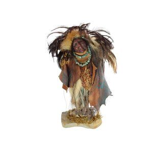 American Indian Figure Petrified Wood Crystal Leather Feather Fur Turquoise 6675